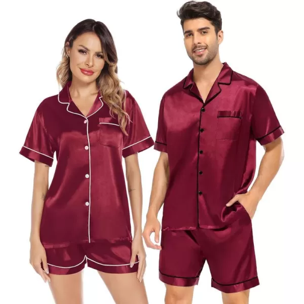 SWOMOG Satin Matching Pajamas Sets Couple Silk Button Down Nightwear Short Sleeve Sleepwear 2 Pieces Loungewear with ShortsWine Redmen