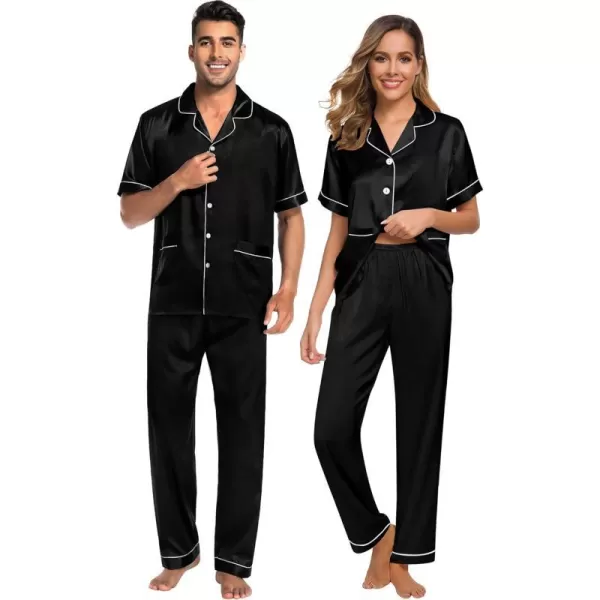 SWOMOG Satin Matching Pajamas Sets Silk Couple Pj Button Down Loungewear 2 Pieces Short Sleeve Sleepwear Nightwear with PantsMen Black