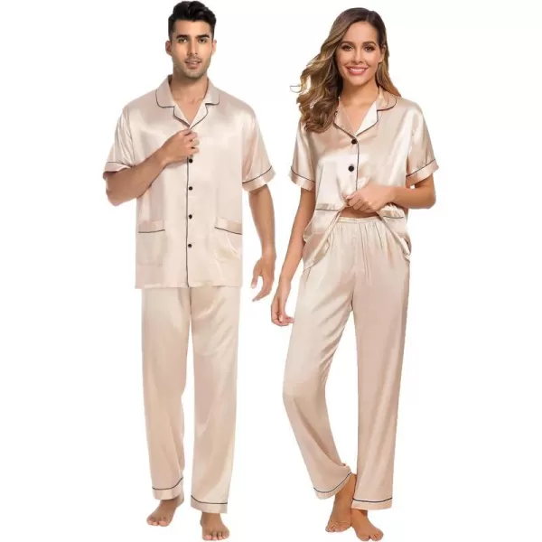 SWOMOG Satin Matching Pajamas Sets Silk Couple Pj Button Down Loungewear 2 Pieces Short Sleeve Sleepwear Nightwear with PantsMen Champagne