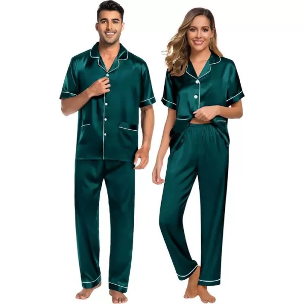 SWOMOG Satin Matching Pajamas Sets Silk Couple Pj Button Down Loungewear 2 Pieces Short Sleeve Sleepwear Nightwear with PantsMen Deep Green