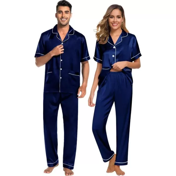 SWOMOG Satin Matching Pajamas Sets Silk Couple Pj Button Down Loungewear 2 Pieces Short Sleeve Sleepwear Nightwear with PantsMen Deep Navy Blue