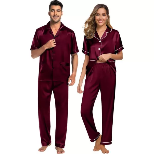 SWOMOG Satin Matching Pajamas Sets Silk Couple Pj Button Down Loungewear 2 Pieces Short Sleeve Sleepwear Nightwear with PantsMen Deep Wine Red