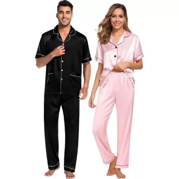 SWOMOG Satin Matching Pajamas Sets Silk Couple Pj Button Down Loungewear 2 Pieces Short Sleeve Sleepwear Nightwear with PantsWomen Pink