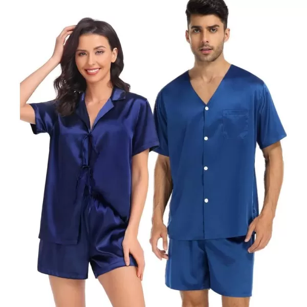 SWOMOG Satin Matching Pajamas Sets for Couple Silk Tie Front Nightwear Short Sleeve Sleepwear 2 Pieces Loungewear with ShortsDark Navy Bluewomen