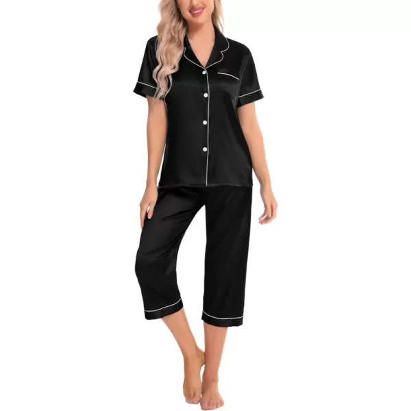 SWOMOG Satin Pajama Set Women Silk Pjs Set Short Sleeve 2 Piece Button Down Sleepwear Lounge SetsBlack