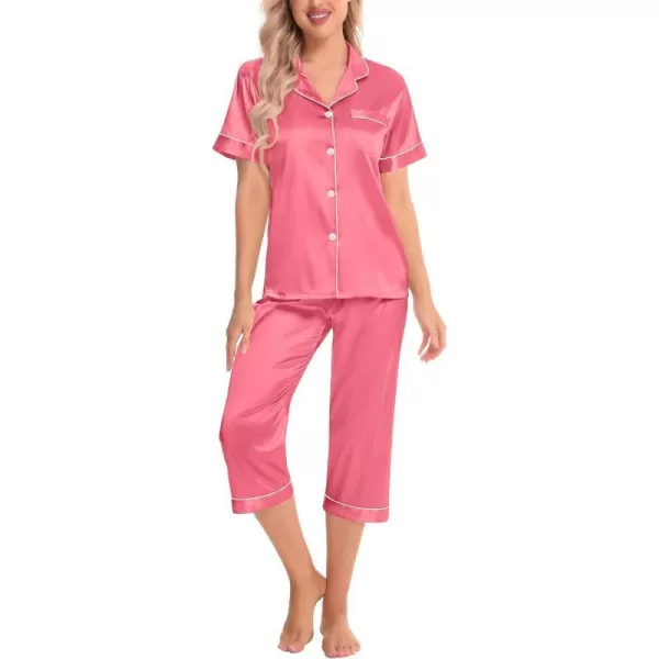 SWOMOG Satin Pajama Set Women Silk Pjs Set Short Sleeve 2 Piece Button Down Sleepwear Lounge SetsCoral Red