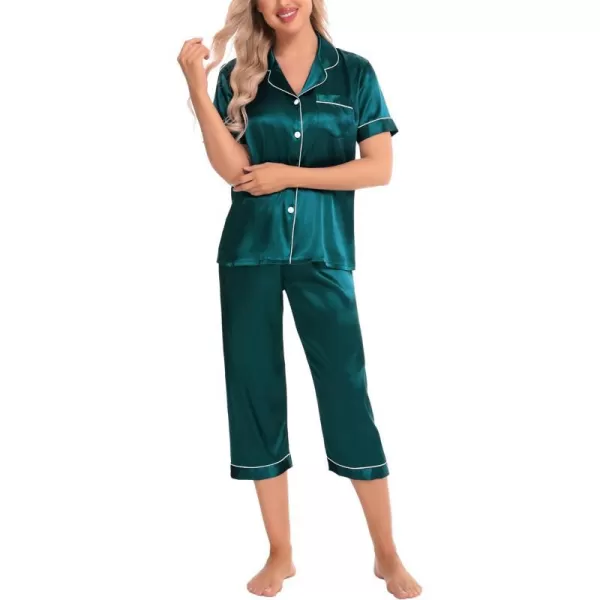 SWOMOG Satin Pajama Set Women Silk Pjs Set Short Sleeve 2 Piece Button Down Sleepwear Lounge SetsGreen