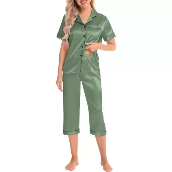 SWOMOG Satin Pajama Set Women Silk Pjs Set Short Sleeve 2 Piece Button Down Sleepwear Lounge SetsMatcha Green