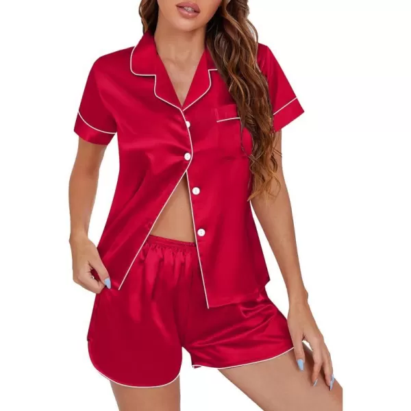 SWOMOG Satin Pajama Set Women Silk Pjs Set Short Sleeve 2 Piece Button Down Sleepwear Lounge SetsRed