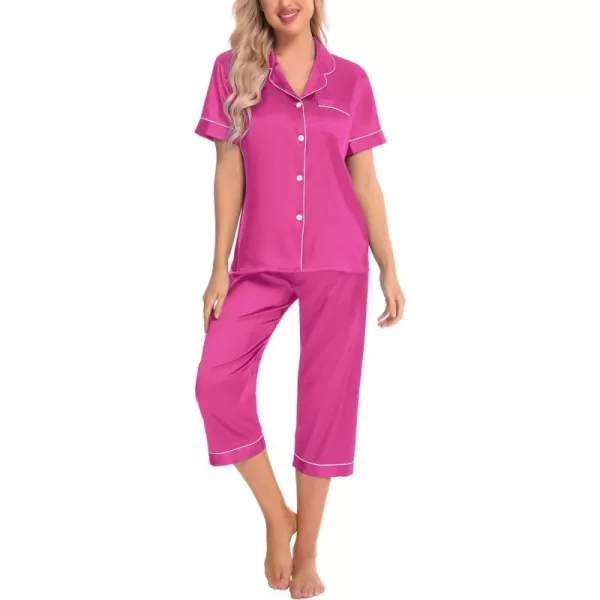 SWOMOG Satin Pajama Set Women Silk Pjs Set Short Sleeve 2 Piece Button Down Sleepwear Lounge SetsRose Red