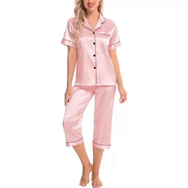 SWOMOG Satin Pajama Set Women Silk Pjs Set Short Sleeve 2 Piece Button Down Sleepwear Lounge SetsSakura Pink