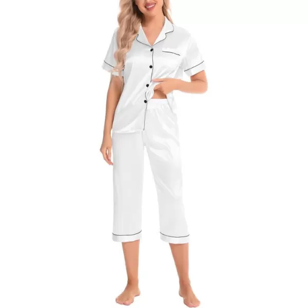 SWOMOG Satin Pajama Set Women Silk Pjs Set Short Sleeve 2 Piece Button Down Sleepwear Lounge SetsWhite