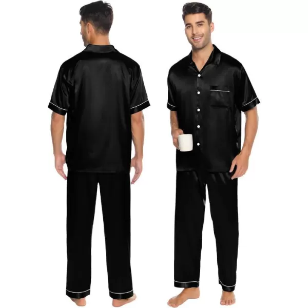 SWOMOG Silk Satin Pajama for Men Soft Button Down Sleepwear 2 Piece Pj Set Short Sleeve Nightwear with Long PantsBlack