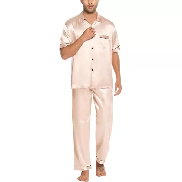 SWOMOG Silk Satin Pajama for Men Soft Button Down Sleepwear 2 Piece Pj Set Short Sleeve Nightwear with Long PantsChampagne