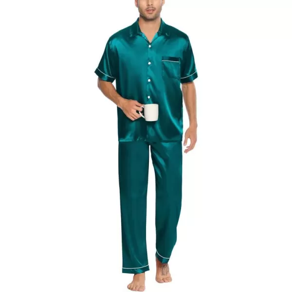 SWOMOG Silk Satin Pajama for Men Soft Button Down Sleepwear 2 Piece Pj Set Short Sleeve Nightwear with Long PantsDeep Green