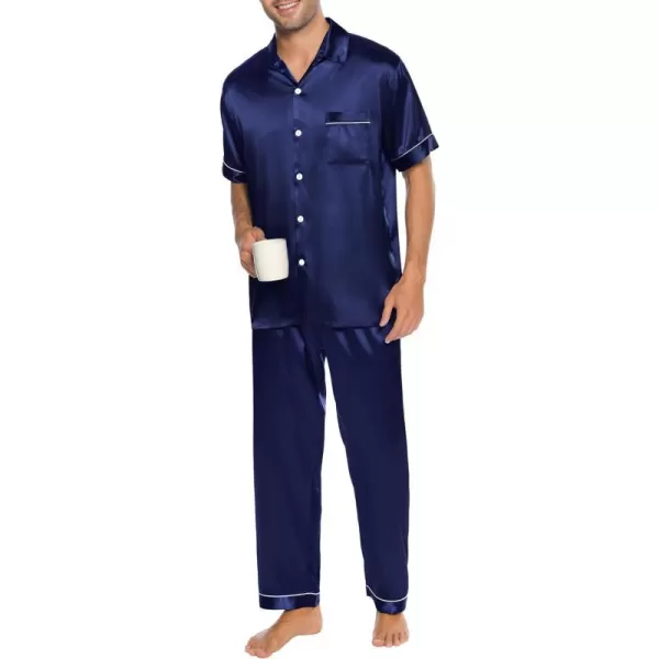 SWOMOG Silk Satin Pajama for Men Soft Button Down Sleepwear 2 Piece Pj Set Short Sleeve Nightwear with Long PantsDeep Navy Blue