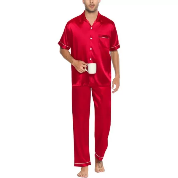 SWOMOG Silk Satin Pajama for Men Soft Button Down Sleepwear 2 Piece Pj Set Short Sleeve Nightwear with Long PantsRed