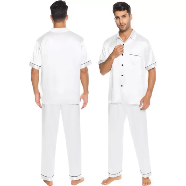 SWOMOG Silk Satin Pajama for Men Soft Button Down Sleepwear 2 Piece Pj Set Short Sleeve Nightwear with Long PantsWhite