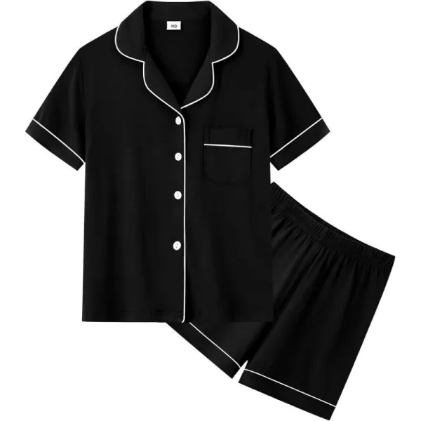 SWOMOG Unisex Girls Boys Modal Pajamas Set ButtonDown PJs Short Sleeve Sleepwear TwoPiece Lounge SetsBlack