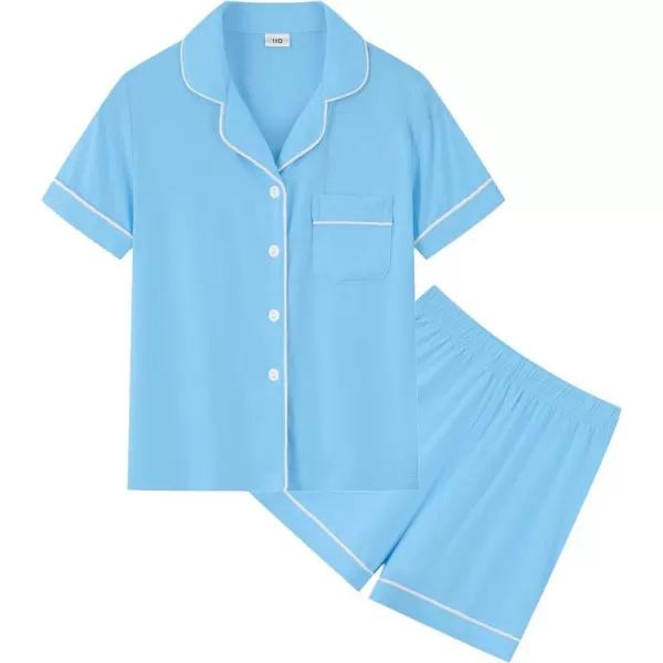 SWOMOG Unisex Girls Boys Modal Pajamas Set ButtonDown PJs Short Sleeve Sleepwear TwoPiece Lounge SetsLight Blue