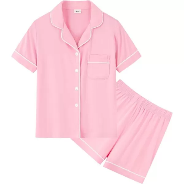 SWOMOG Unisex Girls Boys Modal Pajamas Set ButtonDown PJs Short Sleeve Sleepwear TwoPiece Lounge SetsPink