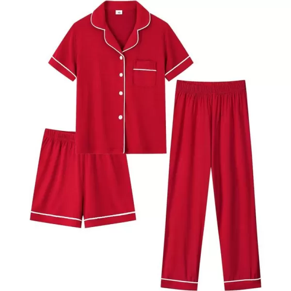 SWOMOG Unisex Kids 3pcs Pajama Set Soft Modal Button Down Sleepwear for Boys Girls Lounge SetsRed