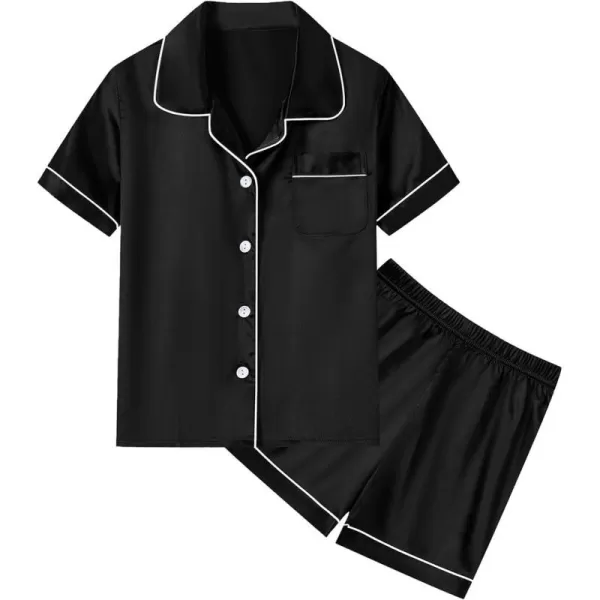 SWOMOG Unisex Kids Silk Satin Pajamas Sets Girls Boys Pjs Set ButtonDown Sleepwear Short Sleeve Nightwear 2 Piece Lounge SetBlack