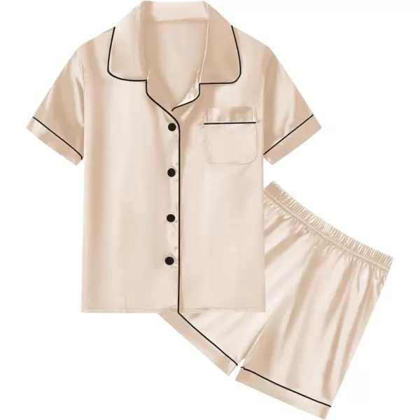 SWOMOG Unisex Kids Silk Satin Pajamas Sets Girls Boys Pjs Set ButtonDown Sleepwear Short Sleeve Nightwear 2 Piece Lounge SetChampagne