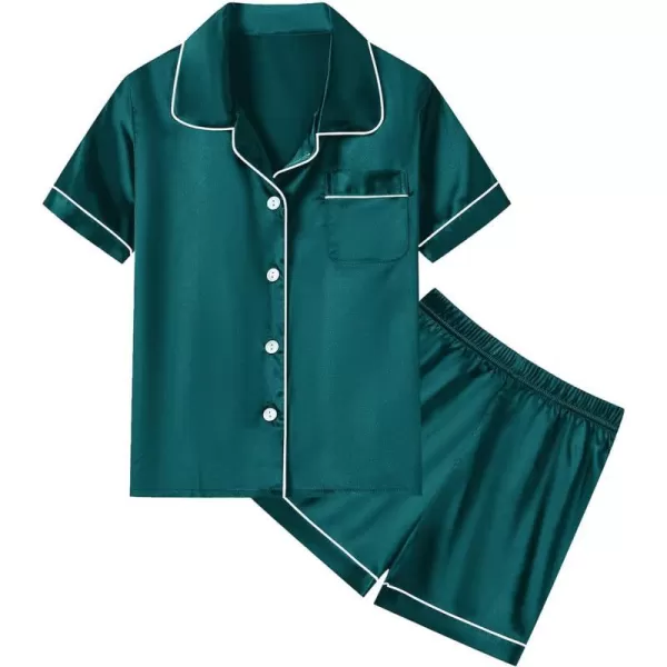 SWOMOG Unisex Kids Silk Satin Pajamas Sets Girls Boys Pjs Set ButtonDown Sleepwear Short Sleeve Nightwear 2 Piece Lounge SetDeep Green