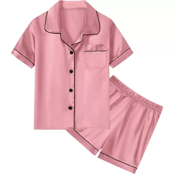 SWOMOG Unisex Kids Silk Satin Pajamas Sets Girls Boys Pjs Set ButtonDown Sleepwear Short Sleeve Nightwear 2 Piece Lounge SetMisty Rose