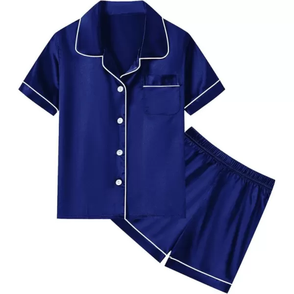 SWOMOG Unisex Kids Silk Satin Pajamas Sets Girls Boys Pjs Set ButtonDown Sleepwear Short Sleeve Nightwear 2 Piece Lounge SetNavy Blue