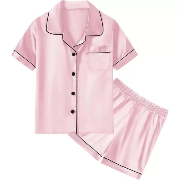 SWOMOG Unisex Kids Silk Satin Pajamas Sets Girls Boys Pjs Set ButtonDown Sleepwear Short Sleeve Nightwear 2 Piece Lounge SetPink