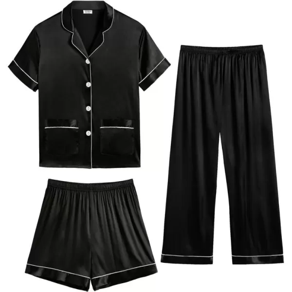 SWOMOG Unisex Satin Pajamas Set 3Pcs Kid Girls Boy Silk Pjs Set with 2 Pockets Short Sleeve Cute Button Down Sleepwear 4T13TBlack