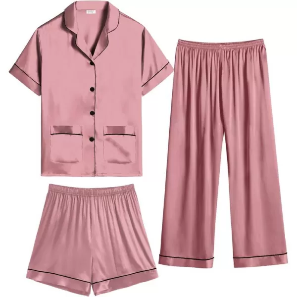 SWOMOG Unisex Satin Pajamas Set 3Pcs Kid Girls Boy Silk Pjs Set with 2 Pockets Short Sleeve Cute Button Down Sleepwear 4T13TMisty Rose