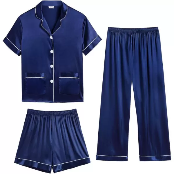 SWOMOG Unisex Satin Pajamas Set 3Pcs Kid Girls Boy Silk Pjs Set with 2 Pockets Short Sleeve Cute Button Down Sleepwear 4T13TNavy Blue