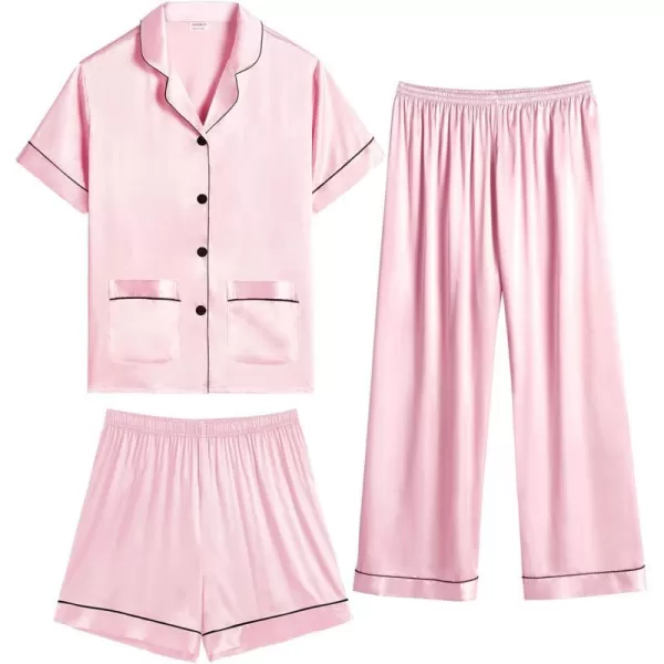 SWOMOG Unisex Satin Pajamas Set 3Pcs Kid Girls Boy Silk Pjs Set with 2 Pockets Short Sleeve Cute Button Down Sleepwear 4T13TPink