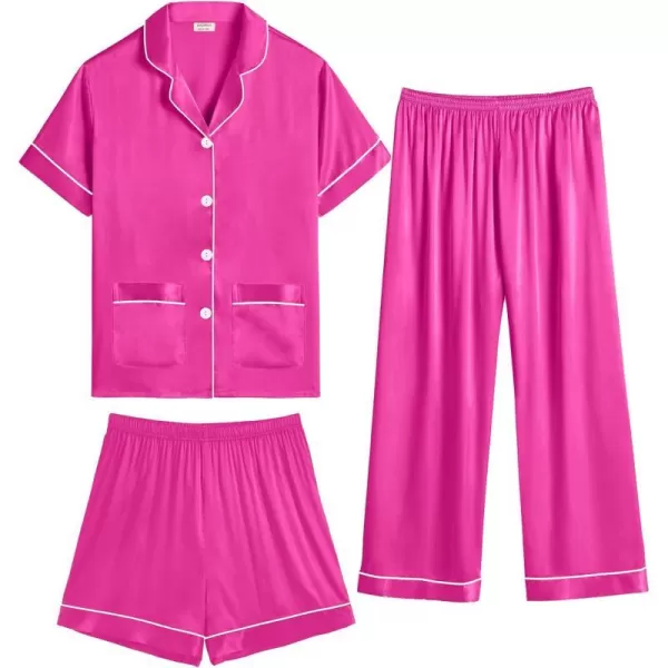 SWOMOG Unisex Satin Pajamas Set 3Pcs Kid Girls Boy Silk Pjs Set with 2 Pockets Short Sleeve Cute Button Down Sleepwear 4T13TRose Red