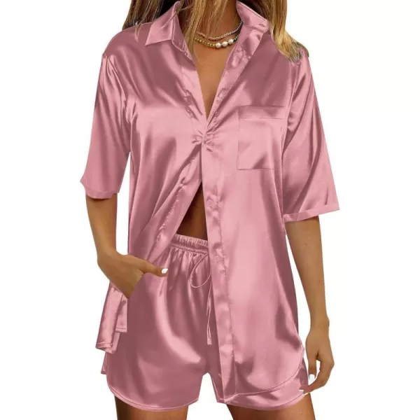 SWOMOG Women 2 Piece Outfits Satin Silk Button Down Shirts And Shorts Loungewear Sweatsuits Soft Pajamas Sleepwear Lounge SetAmisty Rose