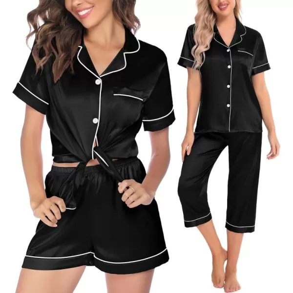 SWOMOG Women 3 PCS Silk Satin Pajama Set Short Sleeve Pjs Set Button Down Sleepwear Bridal Lounge Sets Shorts and Capri PantsBlack