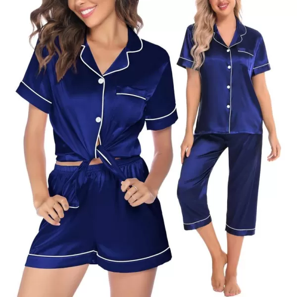 SWOMOG Women 3 PCS Silk Satin Pajama Set Short Sleeve Pjs Set Button Down Sleepwear Bridal Lounge Sets Shorts and Capri PantsNavy Blue