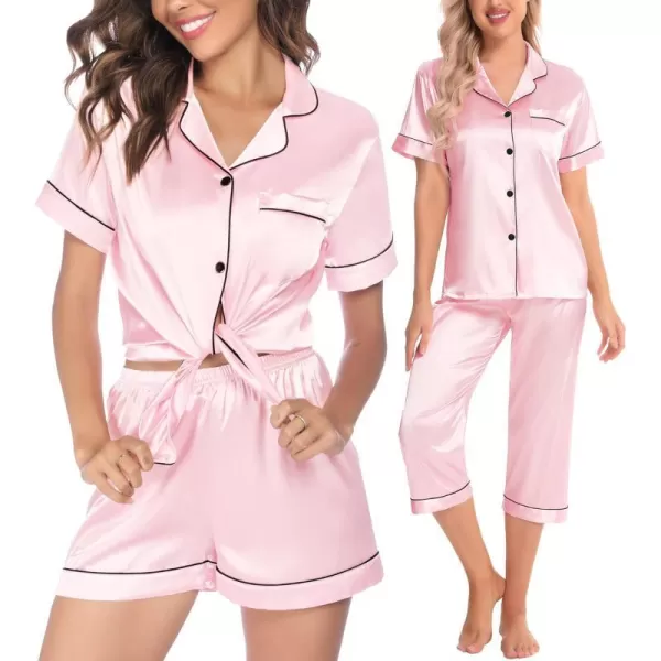 SWOMOG Women 3 PCS Silk Satin Pajama Set Short Sleeve Pjs Set Button Down Sleepwear Bridal Lounge Sets Shorts and Capri PantsPink