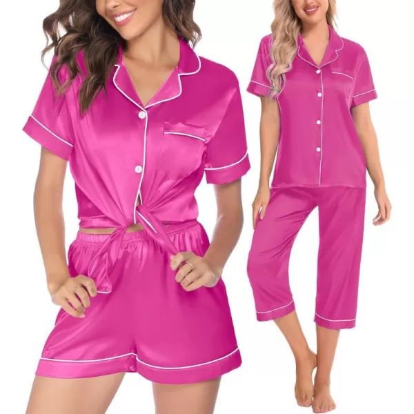 SWOMOG Women 3 PCS Silk Satin Pajama Set Short Sleeve Pjs Set Button Down Sleepwear Bridal Lounge Sets Shorts and Capri PantsRose Red