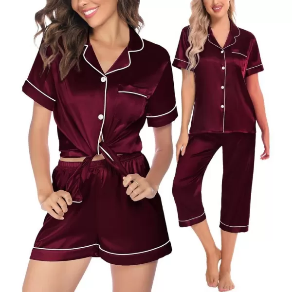 SWOMOG Women 3 PCS Silk Satin Pajama Set Short Sleeve Pjs Set Button Down Sleepwear Bridal Lounge Sets Shorts and Capri PantsWine Red