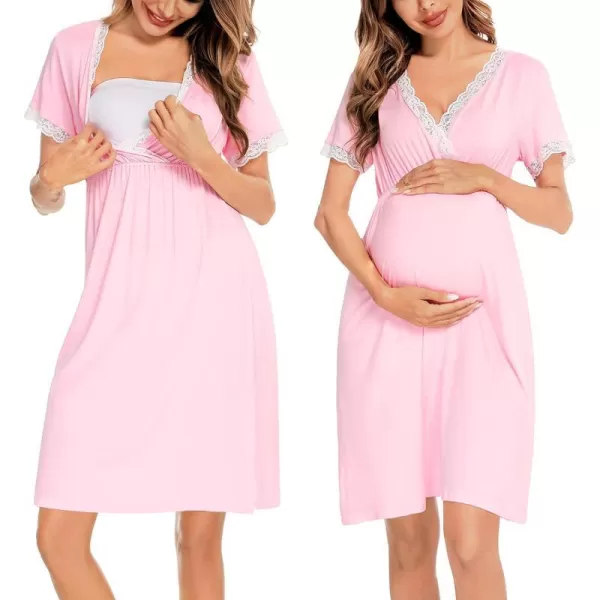 SWOMOG Women 3 in 1 DeliveryLaborNursing Nightgown Short Sleeve Pleated Maternity Sleepwear for Breastfeeding0pink