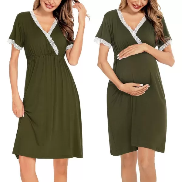 SWOMOG Women 3 in 1 DeliveryLaborNursing Nightgown Short Sleeve Pleated Maternity Sleepwear for BreastfeedingArmy Green