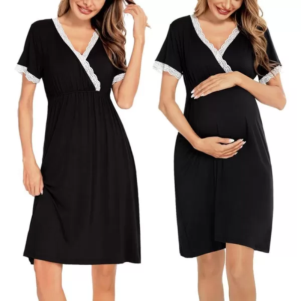 SWOMOG Women 3 in 1 DeliveryLaborNursing Nightgown Short Sleeve Pleated Maternity Sleepwear for BreastfeedingBlack