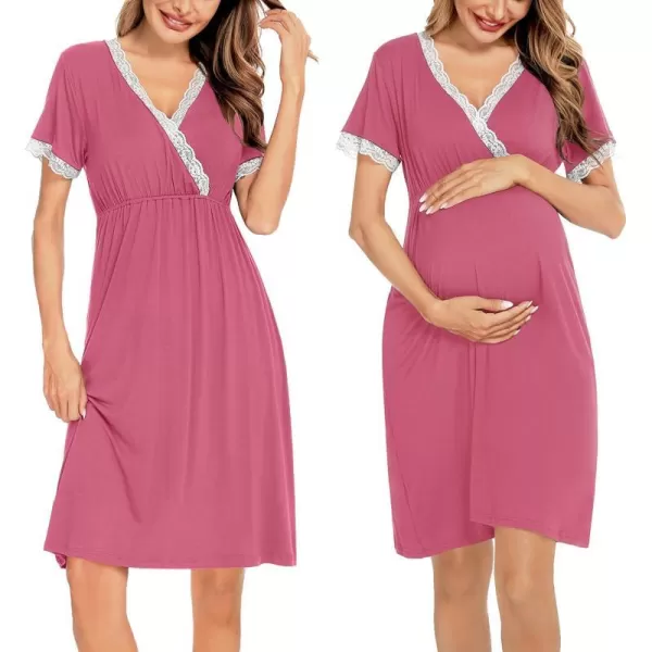 SWOMOG Women 3 in 1 DeliveryLaborNursing Nightgown Short Sleeve Pleated Maternity Sleepwear for BreastfeedingCoral