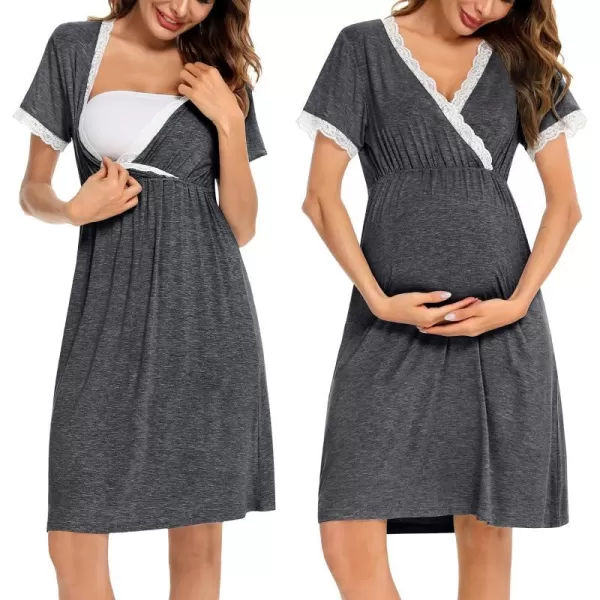 SWOMOG Women 3 in 1 DeliveryLaborNursing Nightgown Short Sleeve Pleated Maternity Sleepwear for BreastfeedingDeep Grey