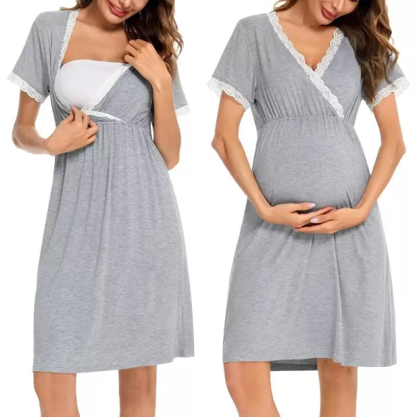 SWOMOG Women 3 in 1 DeliveryLaborNursing Nightgown Short Sleeve Pleated Maternity Sleepwear for BreastfeedingGrey