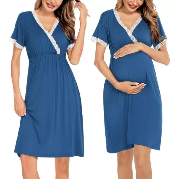 SWOMOG Women 3 in 1 DeliveryLaborNursing Nightgown Short Sleeve Pleated Maternity Sleepwear for BreastfeedingNavy